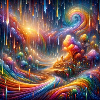 The primary subject of the image is a colorful, swirling, and vibrant landscape. The setting is a cloudy sky, and the visual style is a digital art or illustration. The colors and mood of the image are predominantly bright and lively, with a sense of movement and energy.